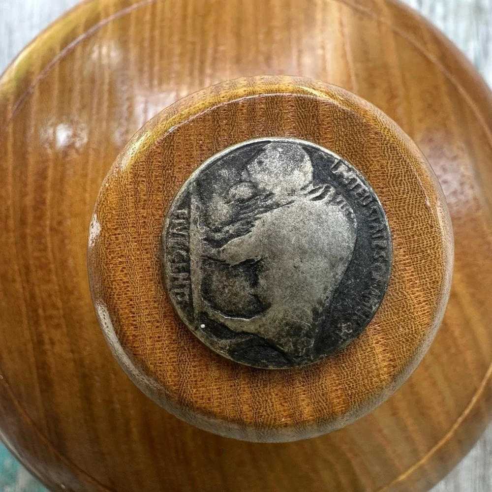 Vintage Trinket Box 5.1 Inch Hand Turned‎ Wood Jewelry Lid Buffalo Nickel Insert